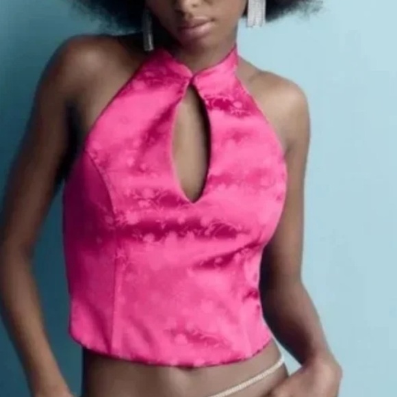 ZARA new!  HOT PINK JACQUARD CORSET KEYHOLE CROPPED HALTER - Picture 1 of 10